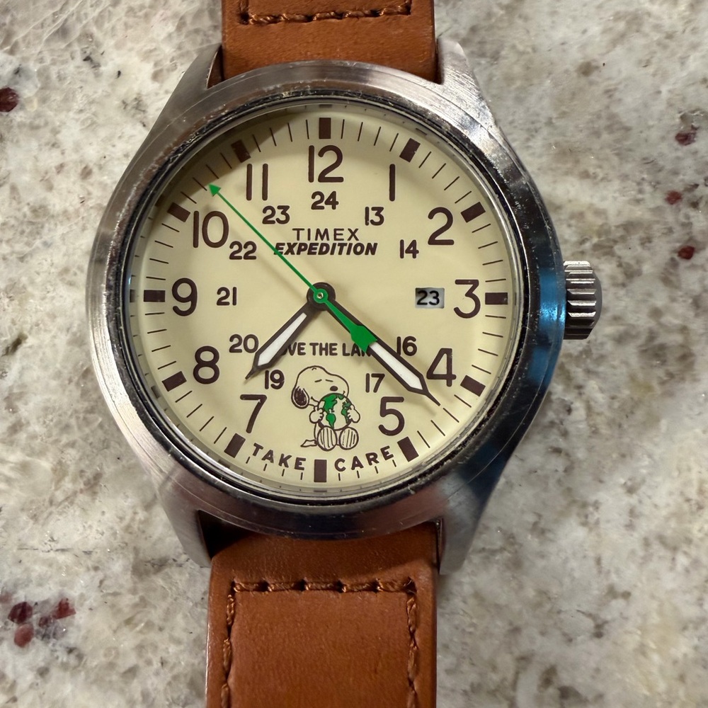 Timex Expedition Cream Dial Watch with Brown Leather Strap and Green Accents